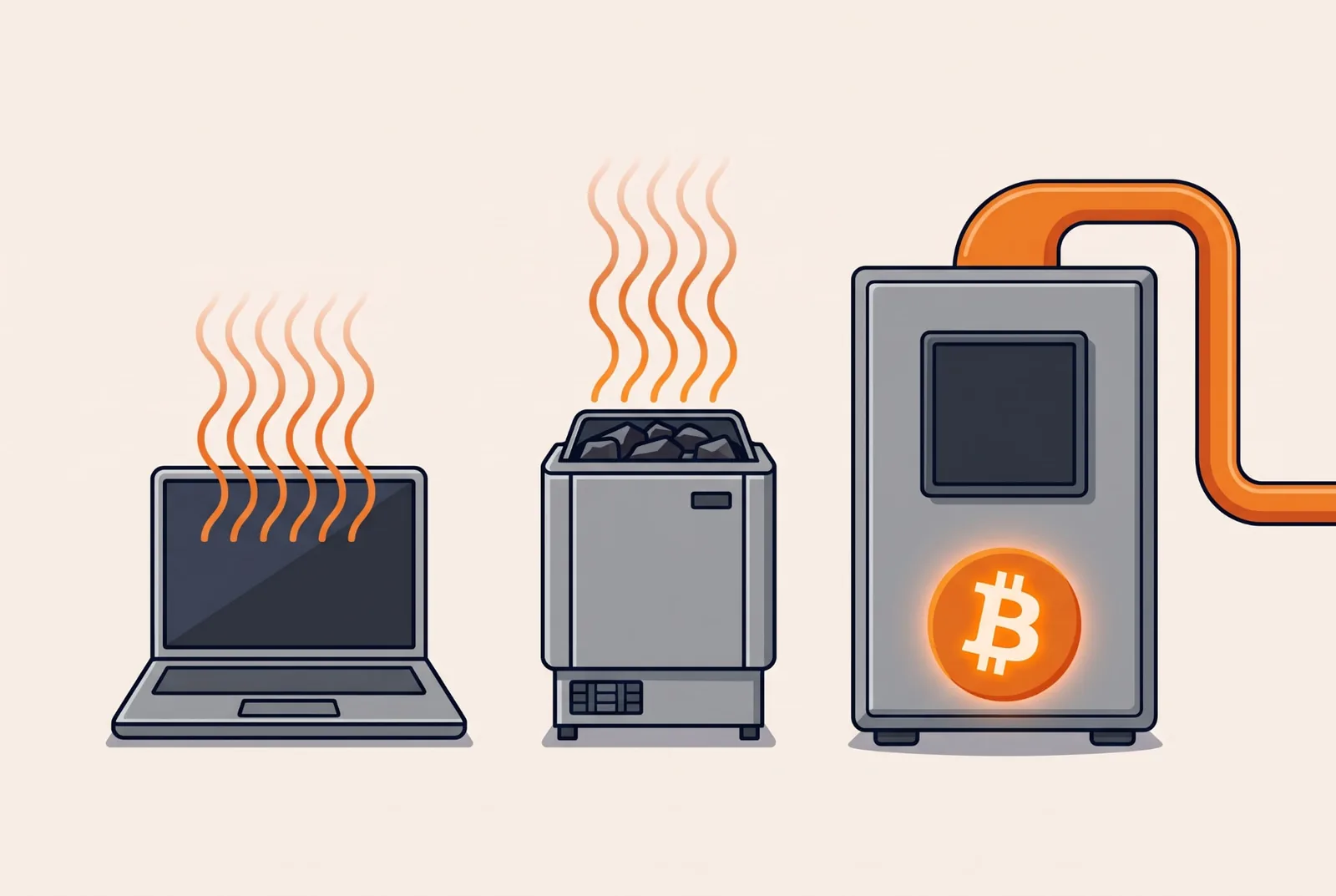 Läppäri, kiuas ja Bitcoin-louhintalaite tuottavat kaikki lämpöä — vain louhinnan lämpö otetaan talteen